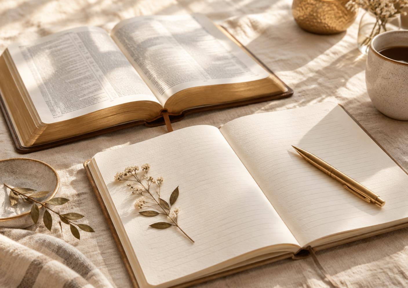 Bíblia e caderno abertos para um momento devocional
